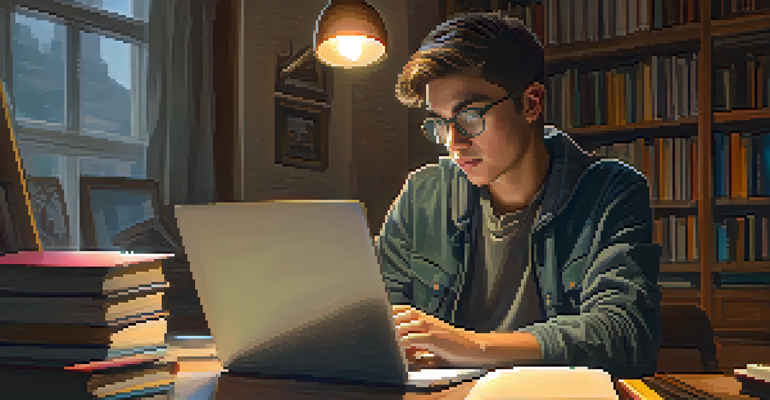 A young adult studying at home on a laptop, surrounded by books, with a focused expression in a cozy atmosphere.