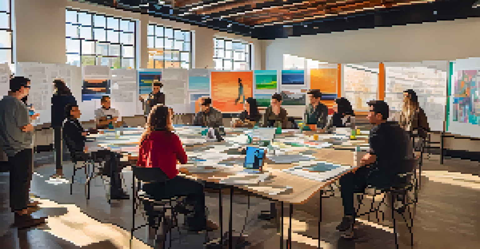 A group of aspiring filmmakers collaborating in a workshop setting, surrounded by storyboards and colorful posters in a well-lit room.