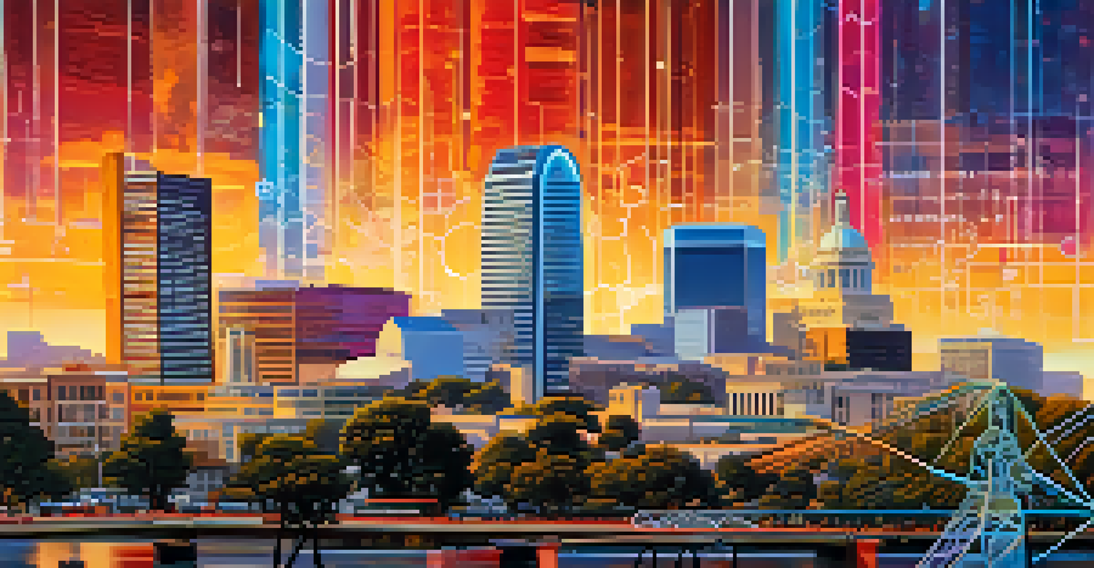 A stylized image of Sacramento's skyline with digital technology elements, symbolizing the influence of modern technology on politics.
