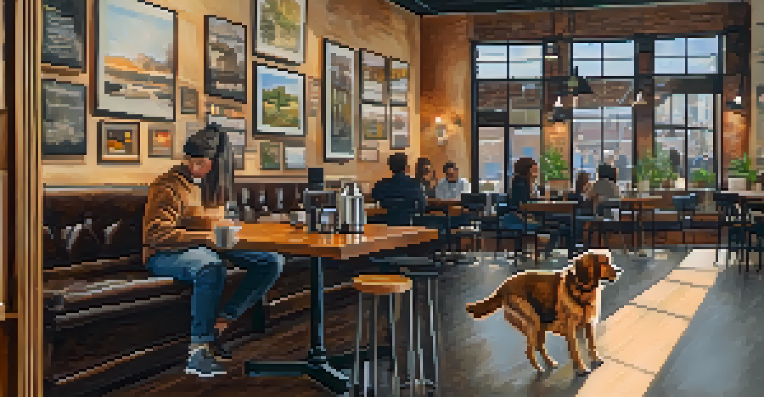 A cozy cafe interior with a person enjoying coffee and their dog resting nearby, surrounded by art.
