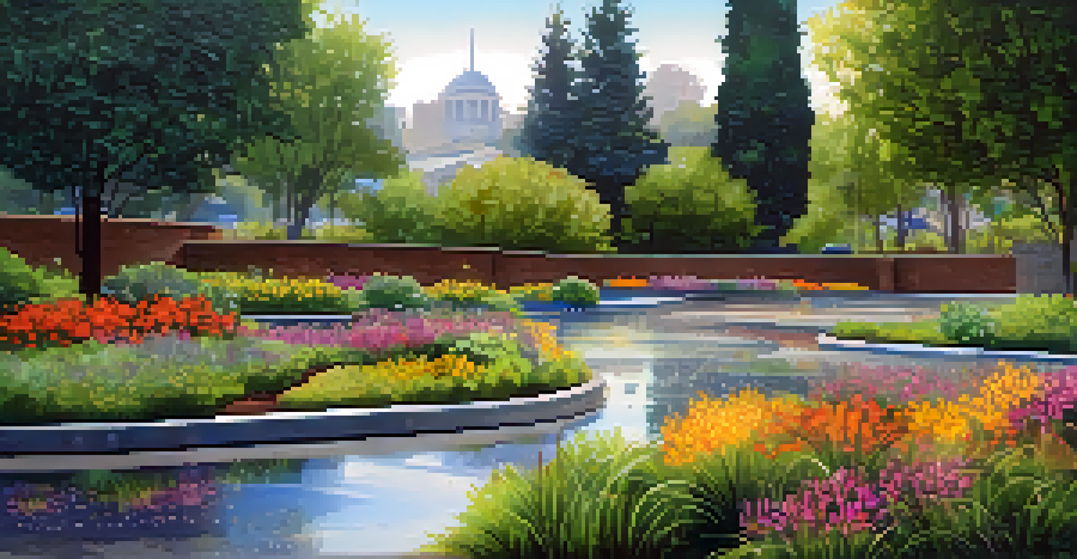 A detailed view of a rain garden in an urban park, featuring vibrant plants and water droplets on leaves.