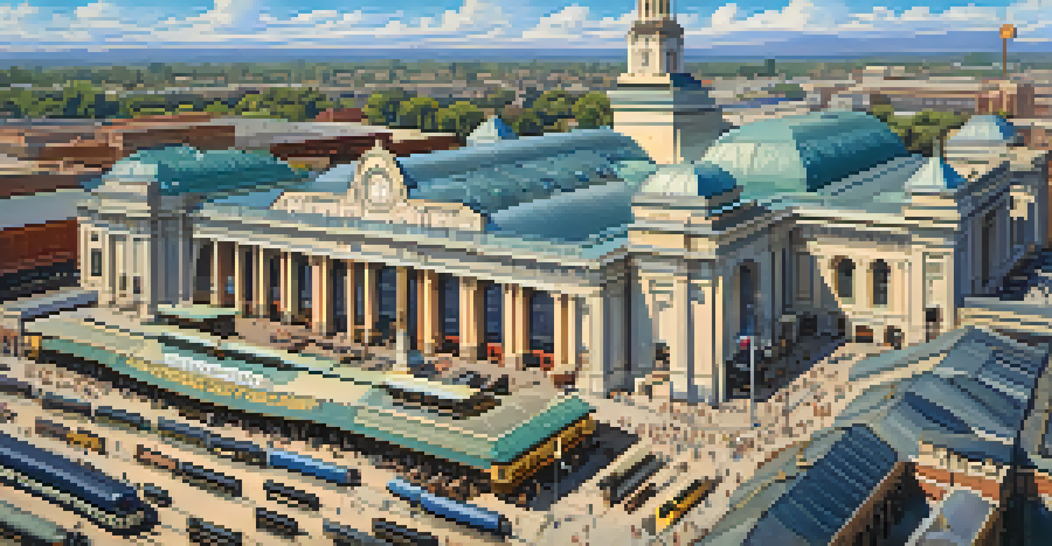 An aerial view of Union Station in Sacramento, showcasing bustling platforms and vintage trains in the early 20th century.