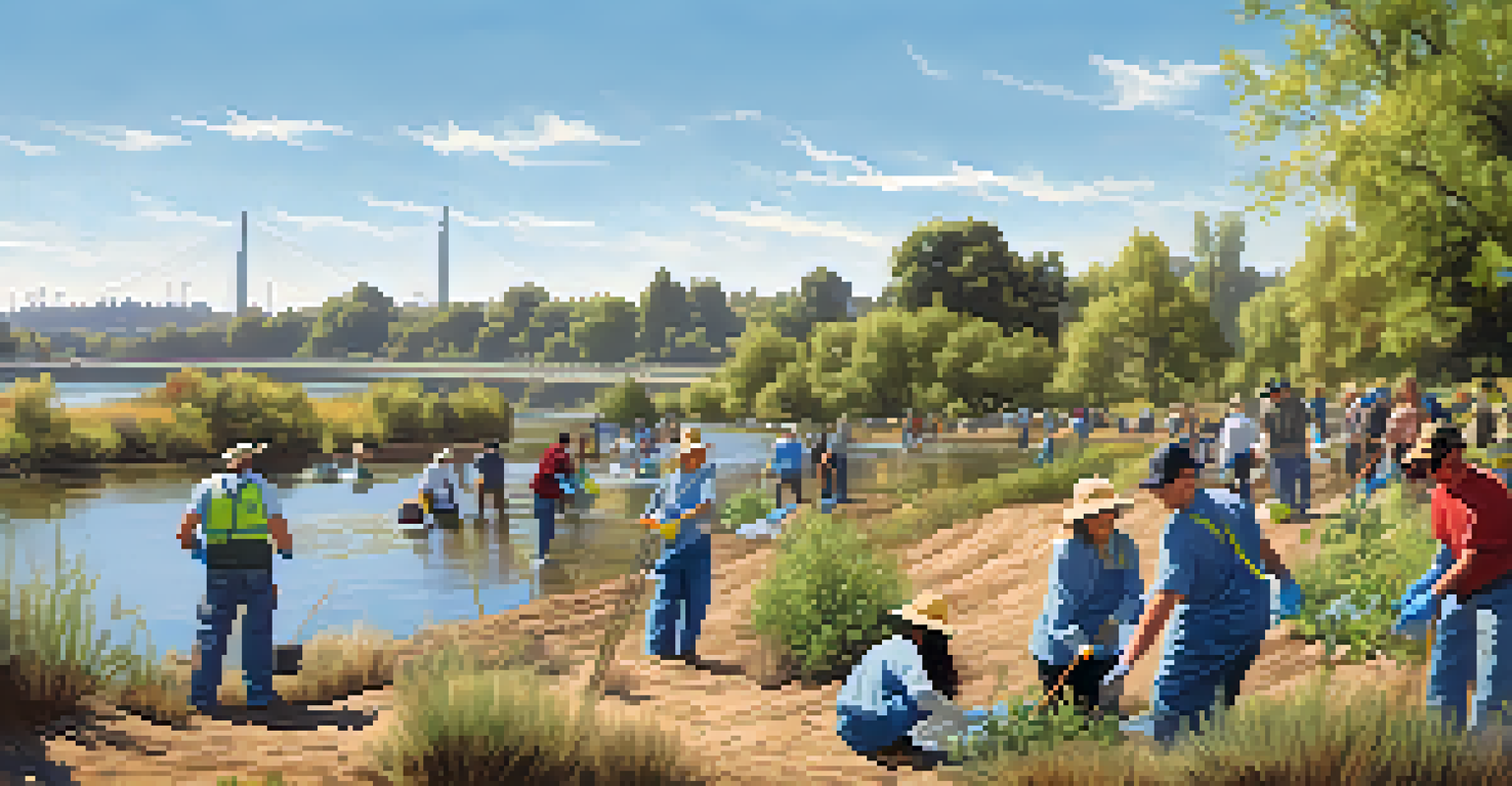 People participating in a community clean-up along the Sacramento River.