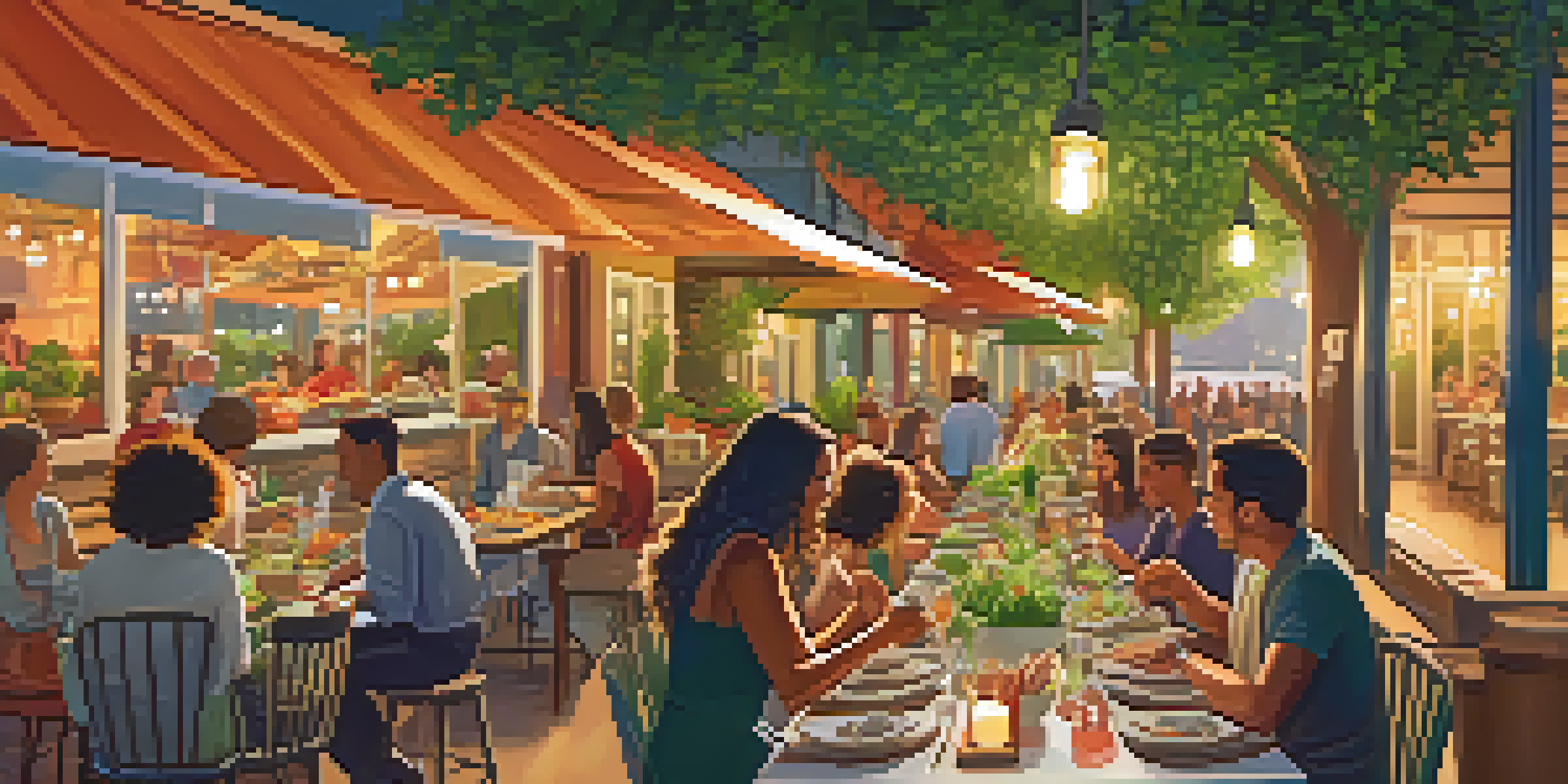 An outdoor dining table filled with colorful plant-based dishes surrounded by diners in a lively atmosphere.