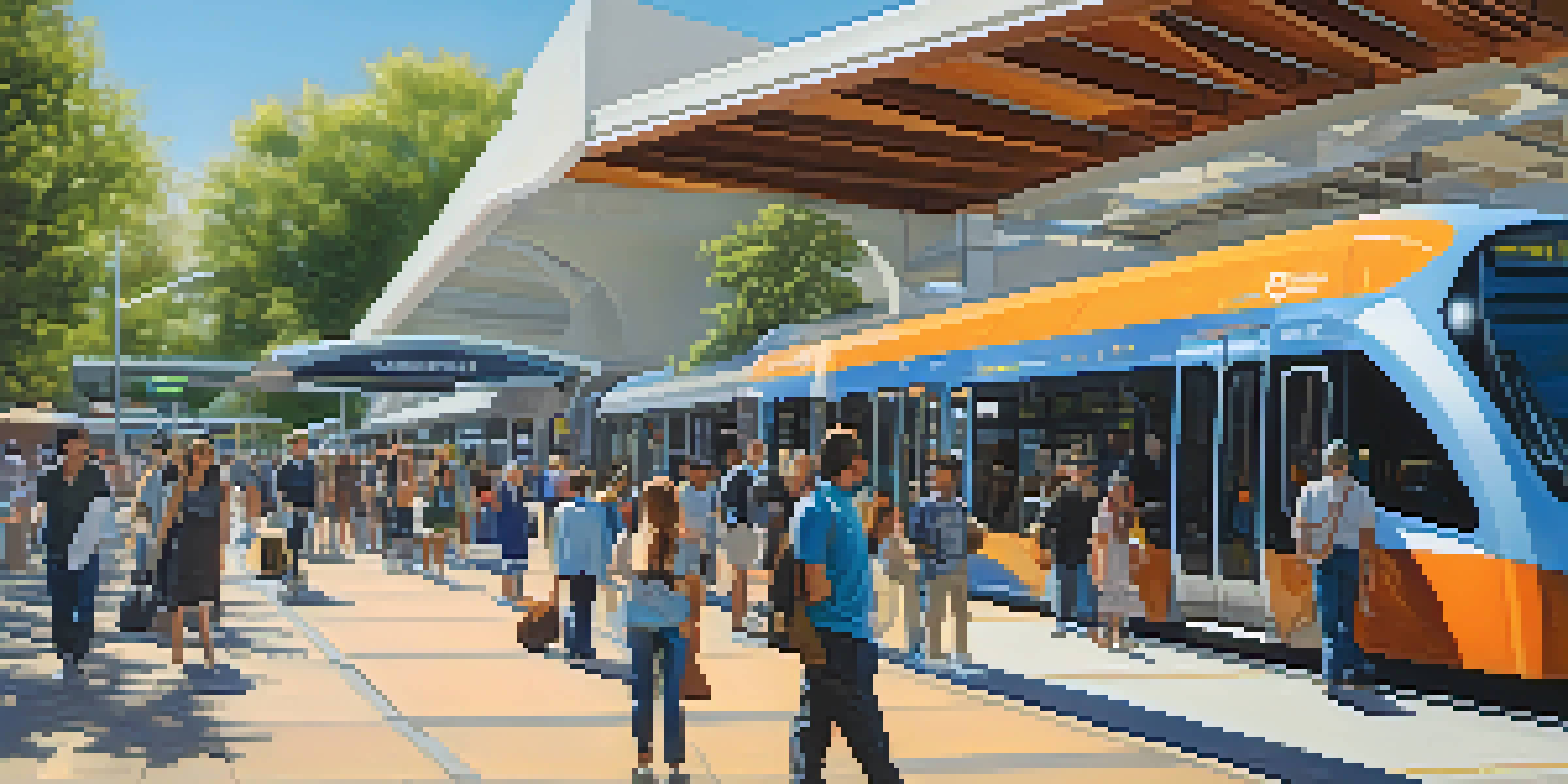 A busy light rail station in Sacramento with modern trains and diverse passengers interacting under a clear sky.