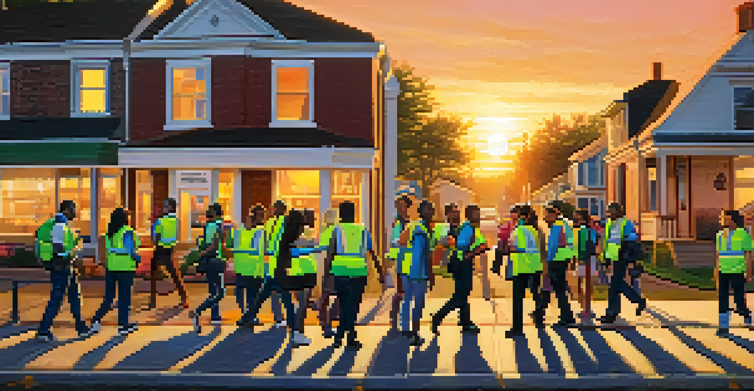 A group of young leaders in safety vests conducting a neighborhood patrol during sunset, showcasing their commitment to community safety.