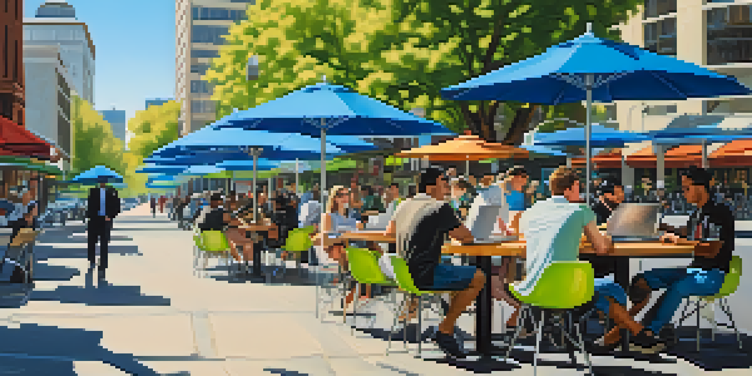 A lively outdoor café in Sacramento with young professionals, colorful umbrellas, and modern buildings.