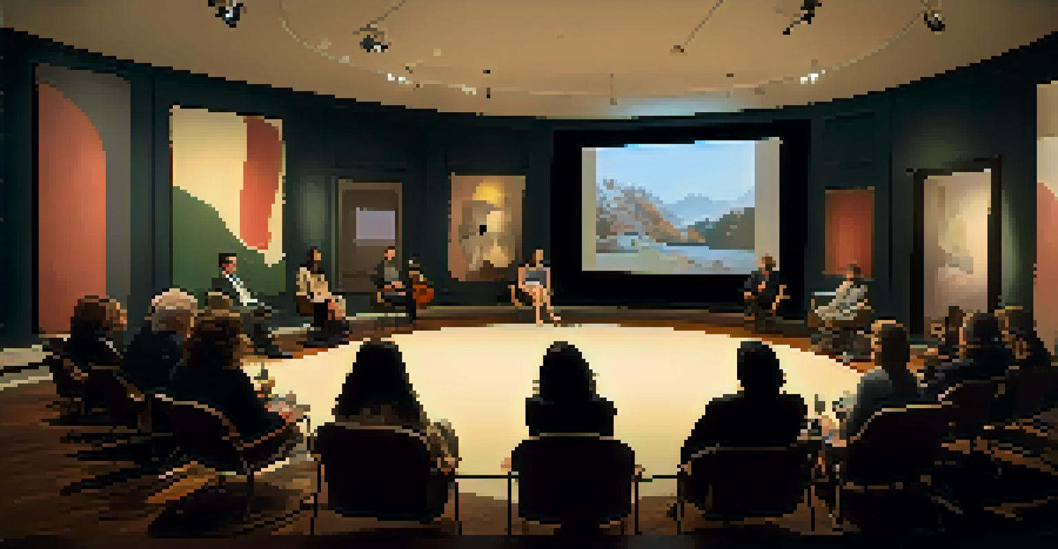 An indoor Filmmakers' Forum with attendees in a circle discussing films, soft lighting, and a projector displaying clips.