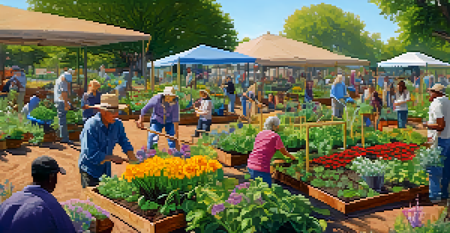 A diverse group of people working together in a colorful community garden, planting flowers and vegetables.
