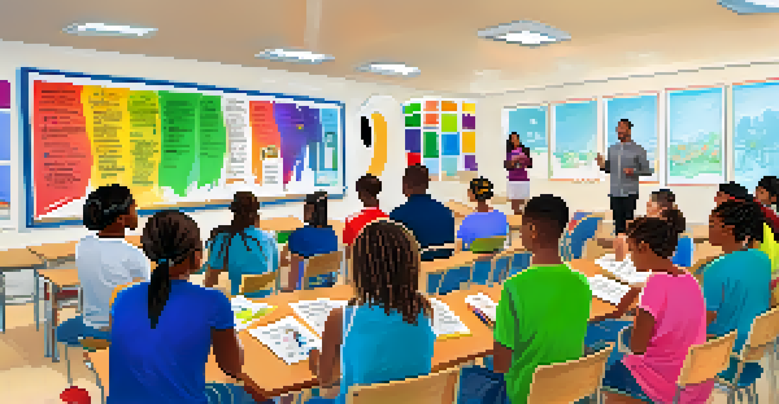 A youth leadership workshop in a colorful classroom where students are engaged in a public speaking exercise.
