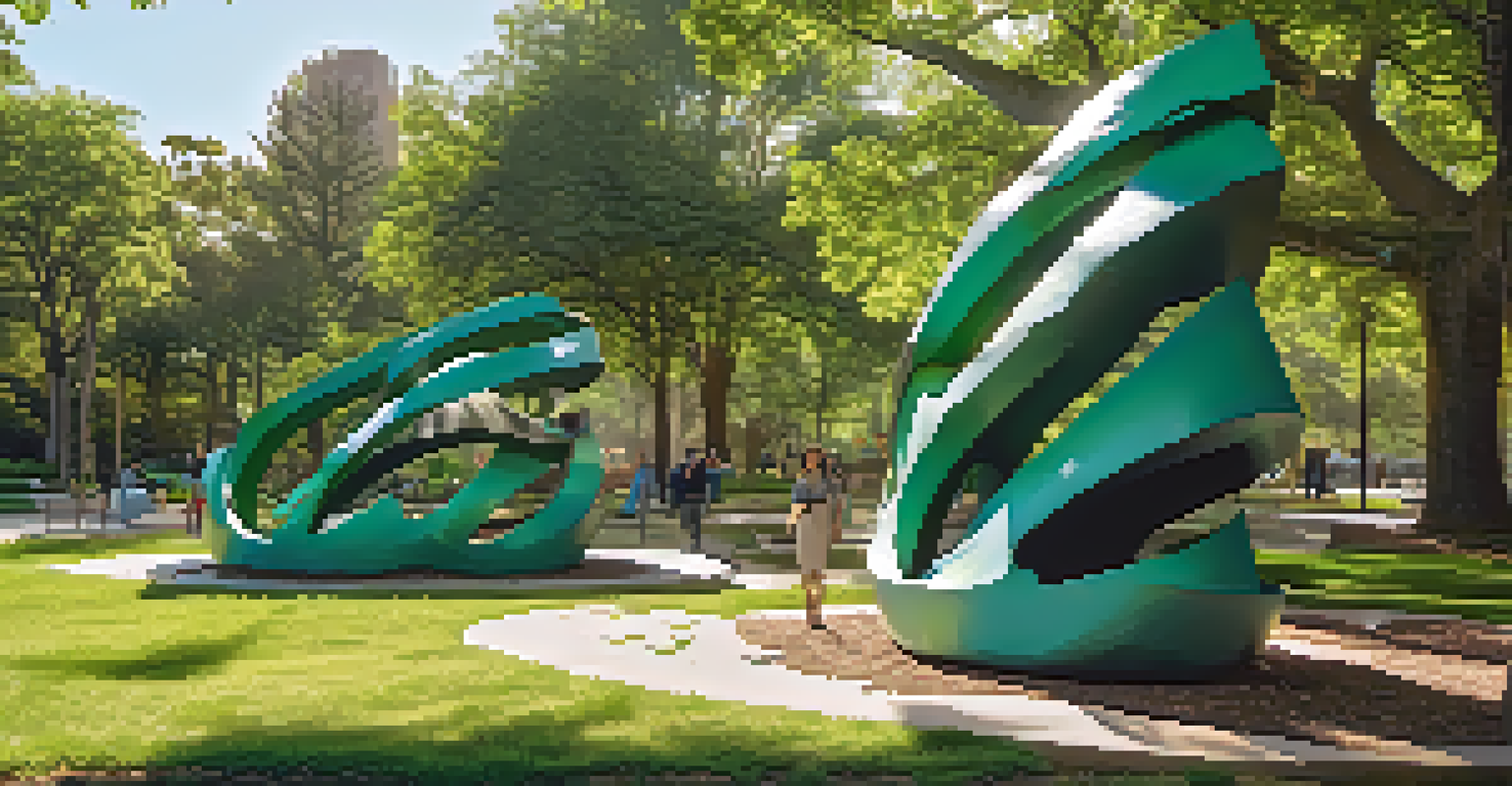 An abstract public art sculpture made from recycled materials, surrounded by greenery in a park, with sunlight creating shadows.