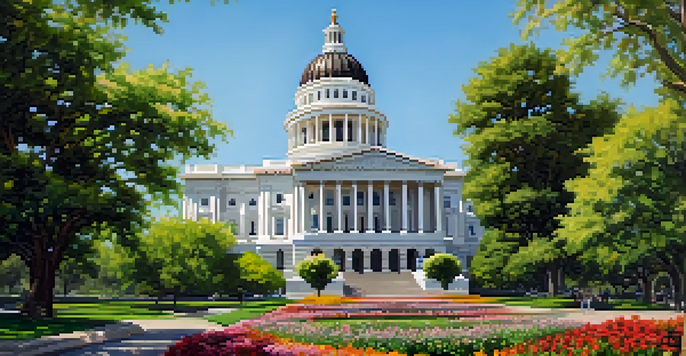 A view of the California State Capitol building with its dome and gardens, surrounded by greenery and flowers.