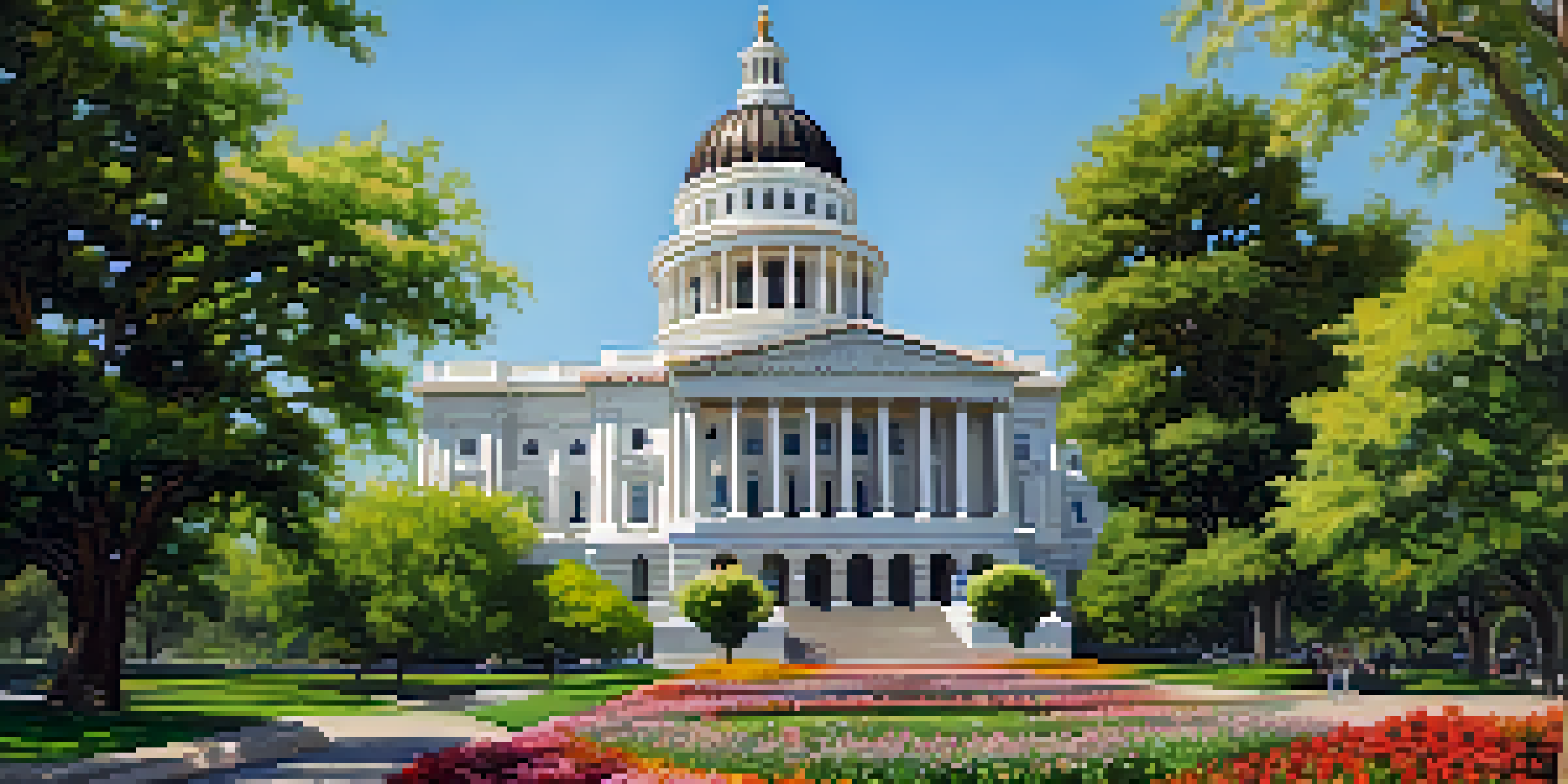 A view of the California State Capitol building with its dome and gardens, surrounded by greenery and flowers.