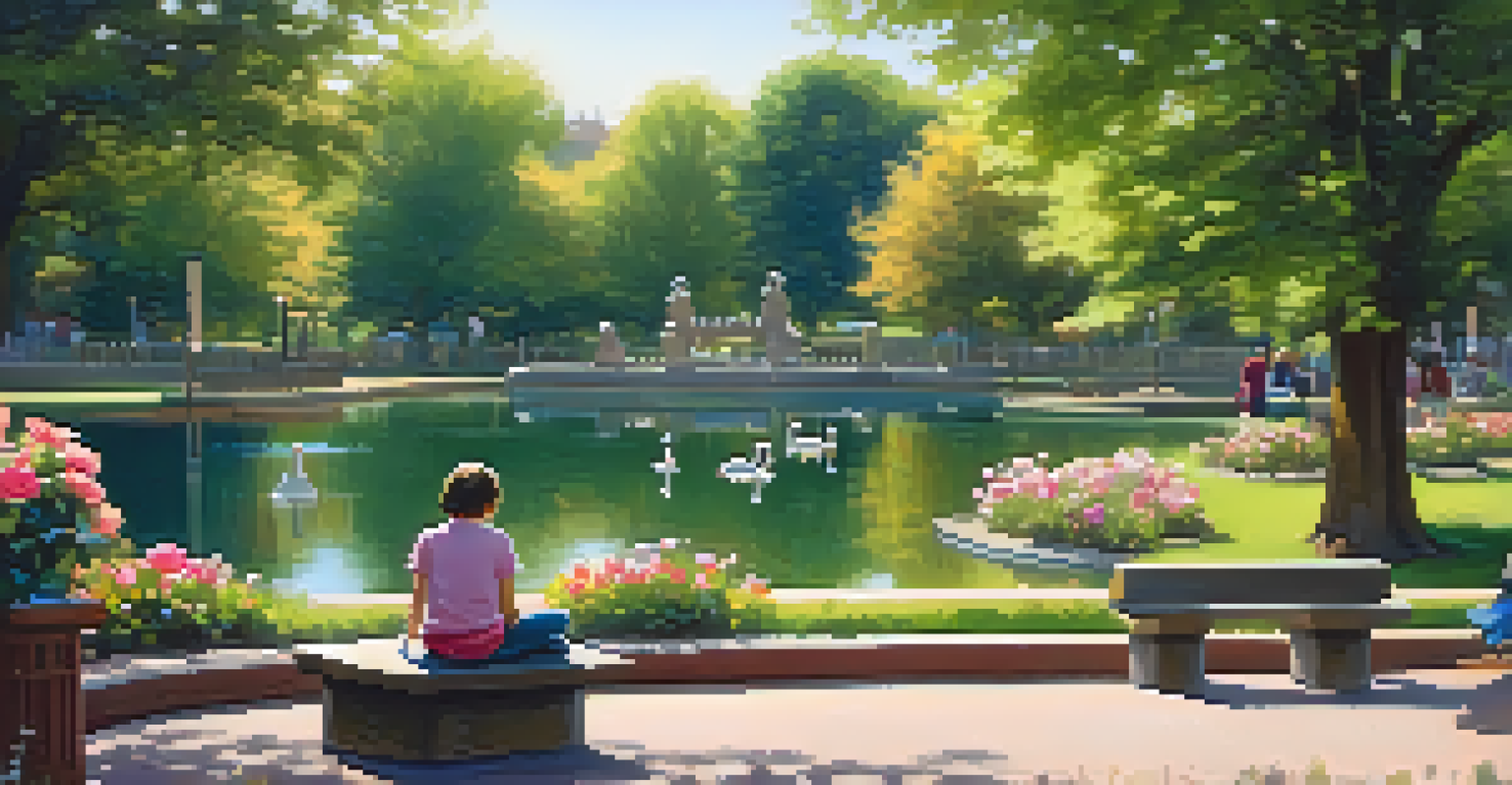 A serene view of McKinley Park featuring a duck pond and rose garden, with a person reading on a bench and children playing in the distance.