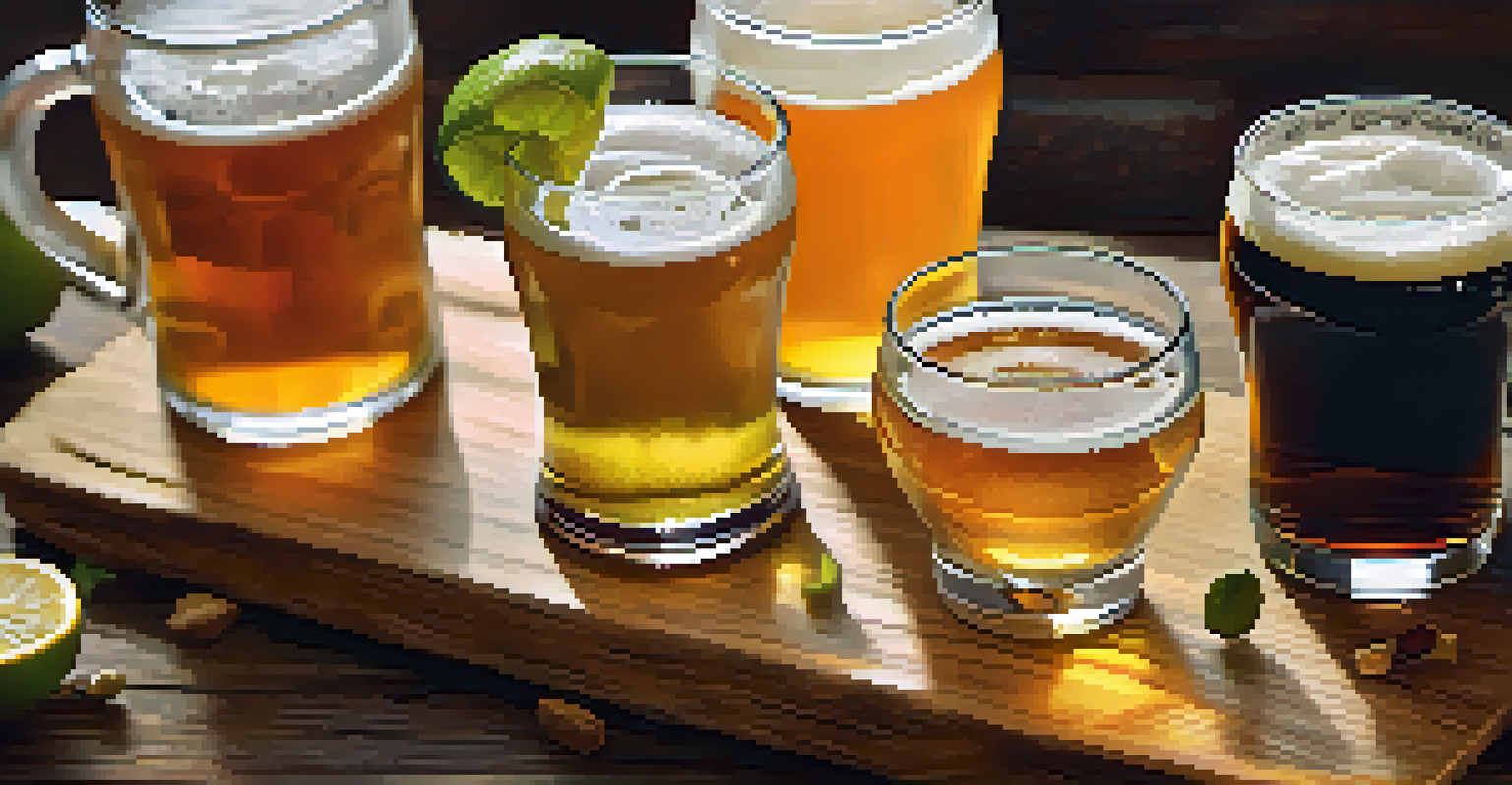 A close-up of a craft beer flight with various seasonal brews in small glasses on a wooden board.