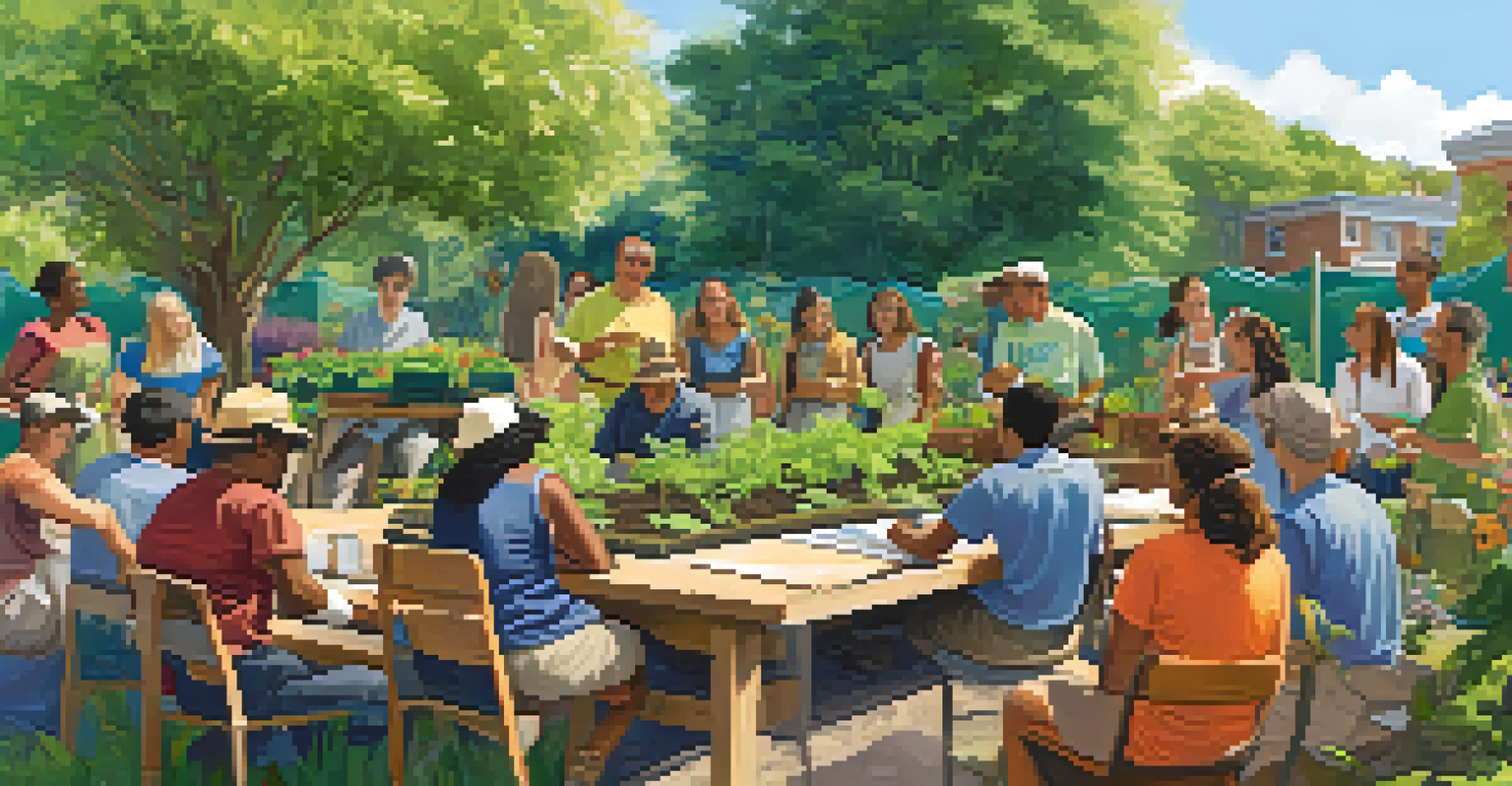A diverse group of people at a community garden attending a workshop on composting, with vibrant plants and a clear sky in the background.