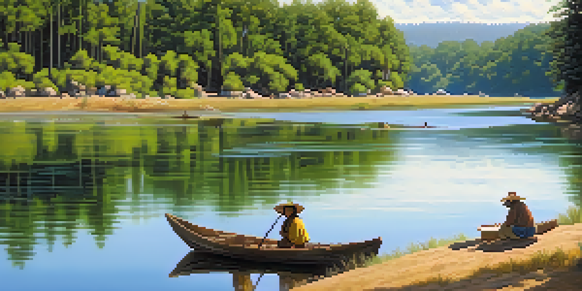 A peaceful riverside scene depicting pre-colonial Sacramento with indigenous people fishing and gathering along lush riverbanks.