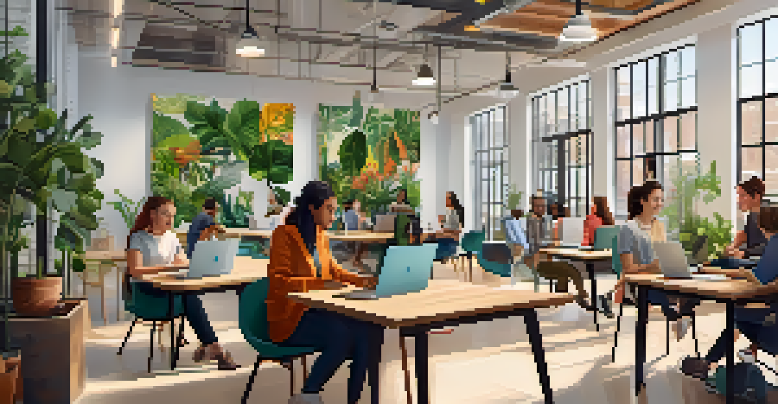 A modern co-working space with young professionals using laptops, large windows, plants, and colorful artwork.