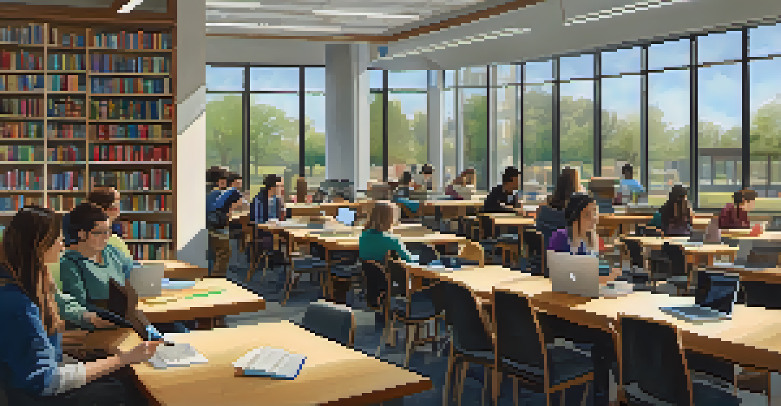 Students studying in a bright and inviting library environment, with large windows and bookshelves in the background.