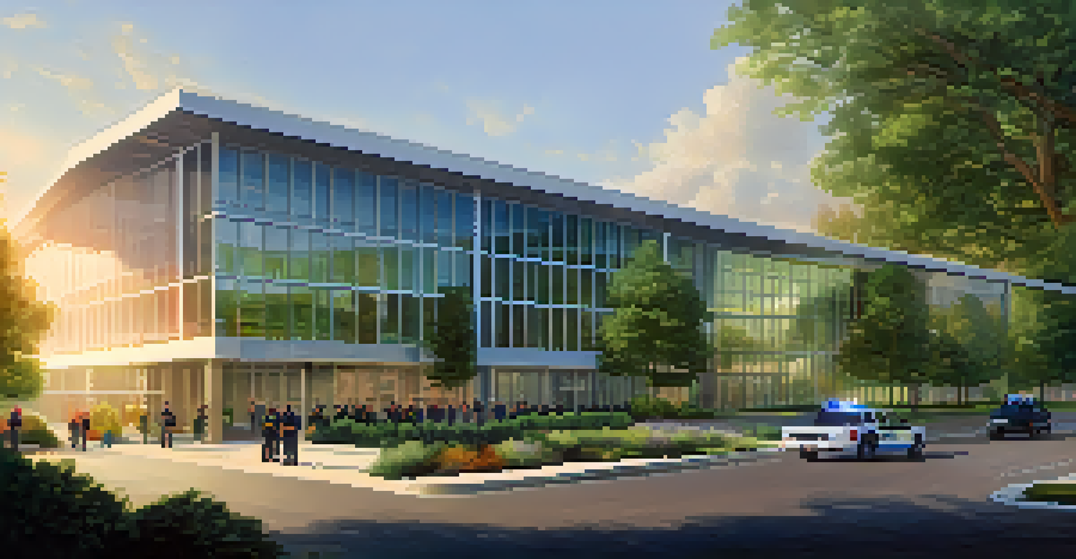 The headquarters of Sacramento's Emergency Management Agency, a modern building with greenery, and first responders practicing in the foreground.