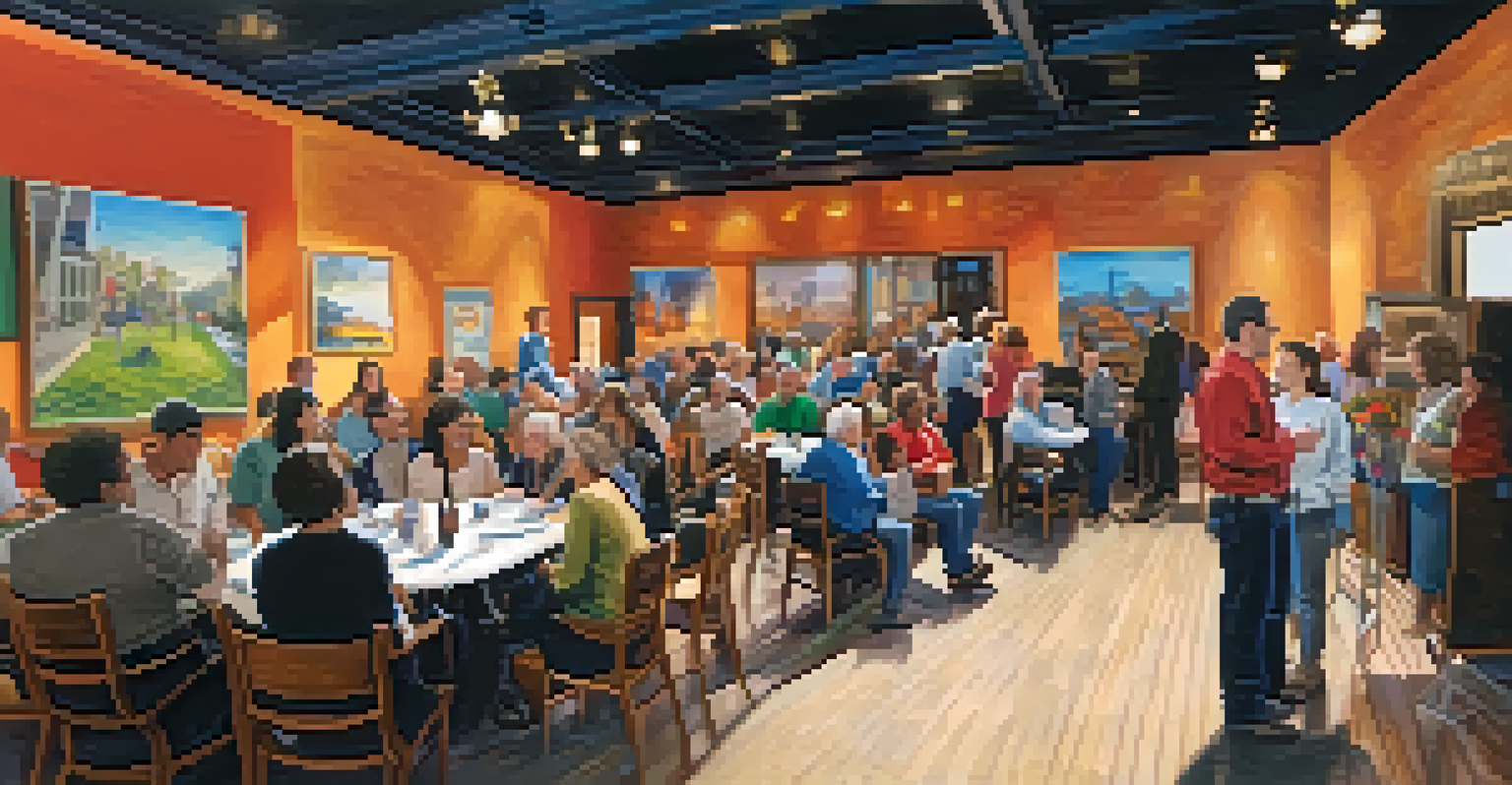 Community event at the B Street Theatre with local artists showcasing artwork, lively discussions, and natural light creating an inviting atmosphere.