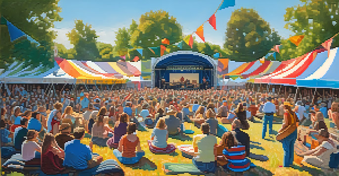 An outdoor folk music festival in Sacramento with musicians on stage and an engaged audience enjoying the performance.