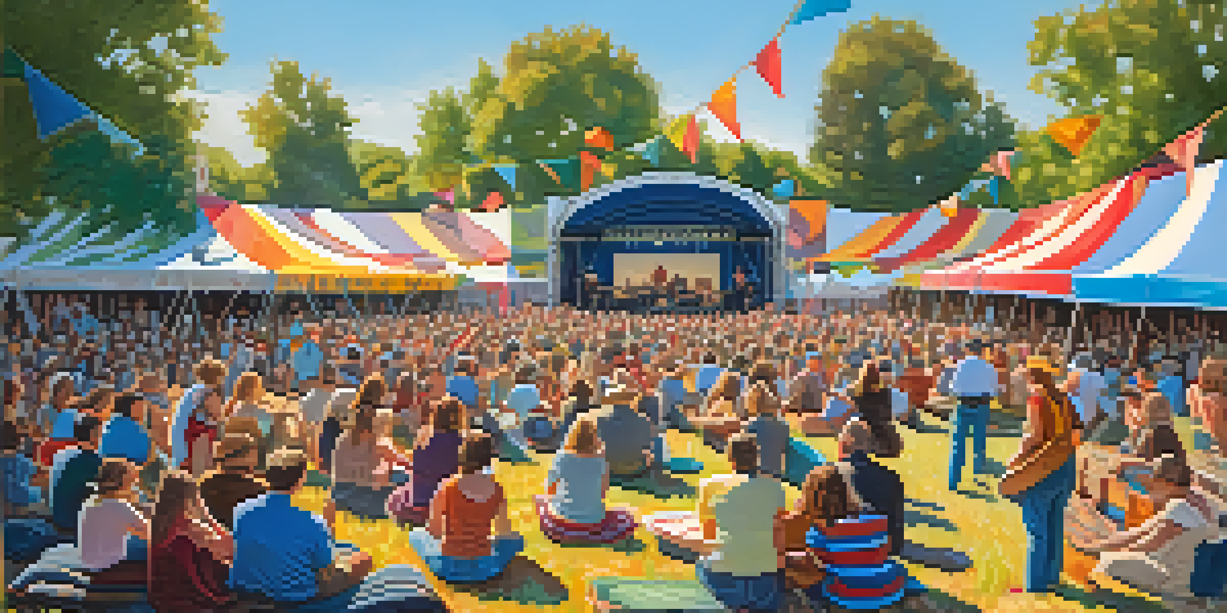 An outdoor folk music festival in Sacramento with musicians on stage and an engaged audience enjoying the performance.
