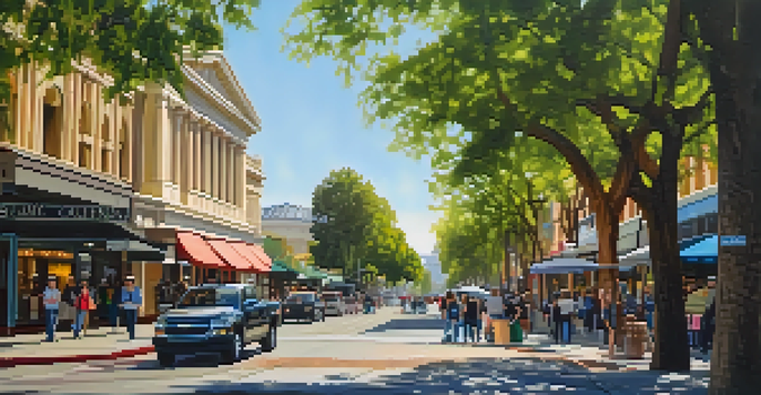 A busy street in Downtown Sacramento with historic buildings and the California State Capitol, populated by people and colorful street art under warm afternoon light.