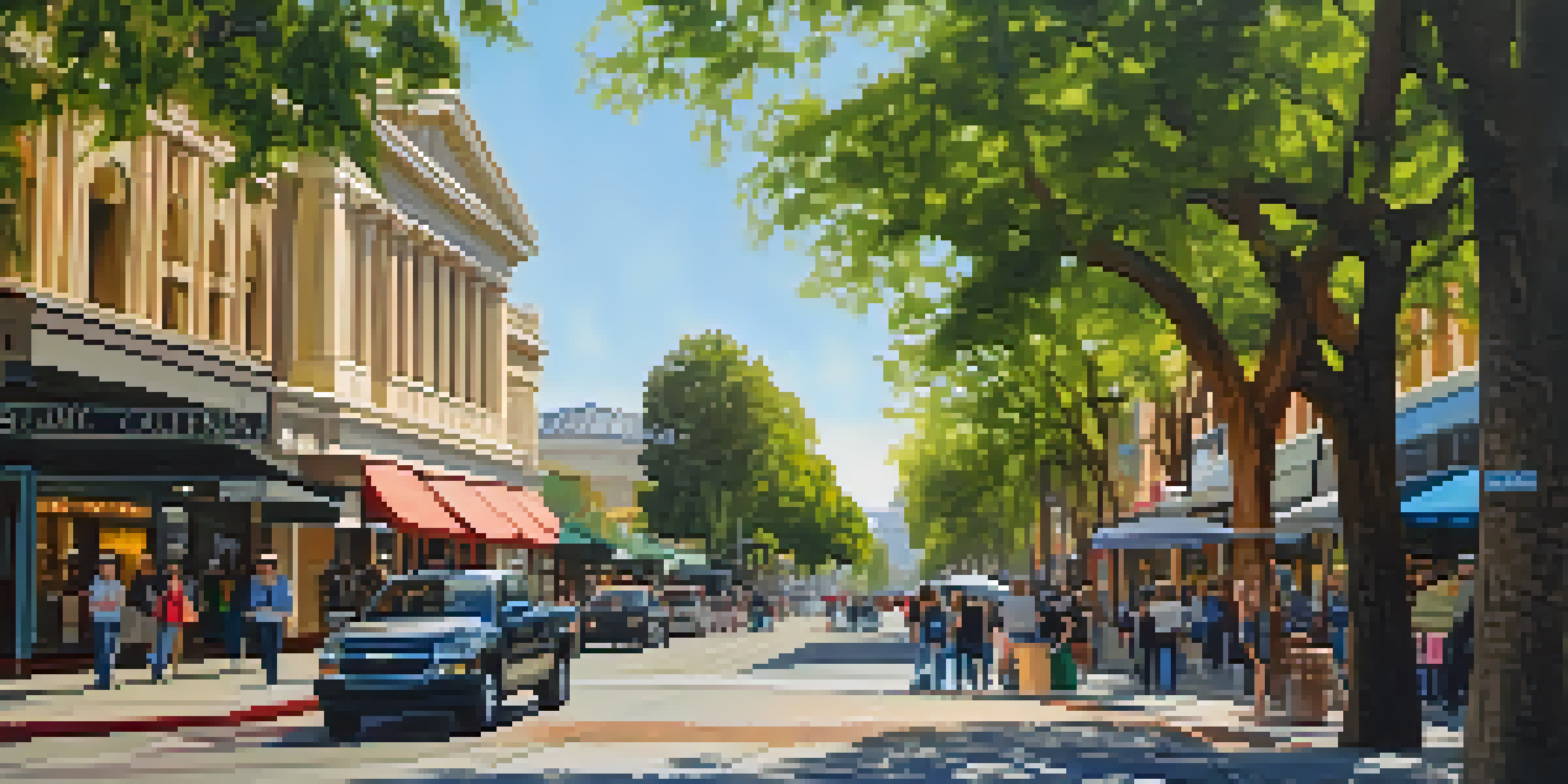 A busy street in Downtown Sacramento with historic buildings and the California State Capitol, populated by people and colorful street art under warm afternoon light.