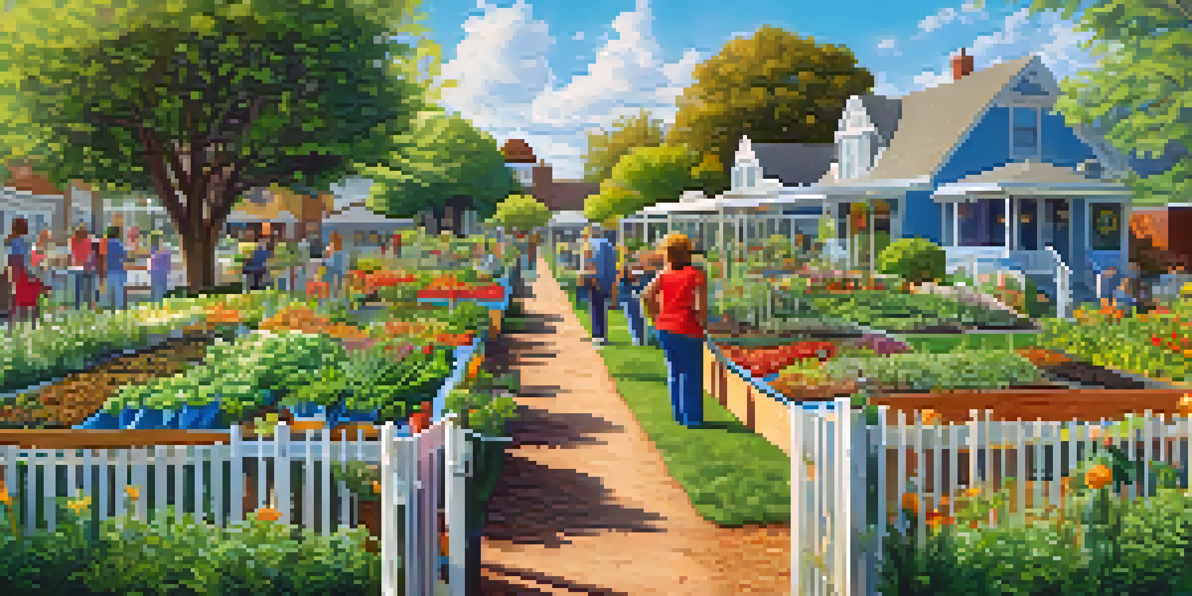 A lively community garden in Sacramento with diverse residents planting and harvesting vegetables and flowers under a sunny sky.