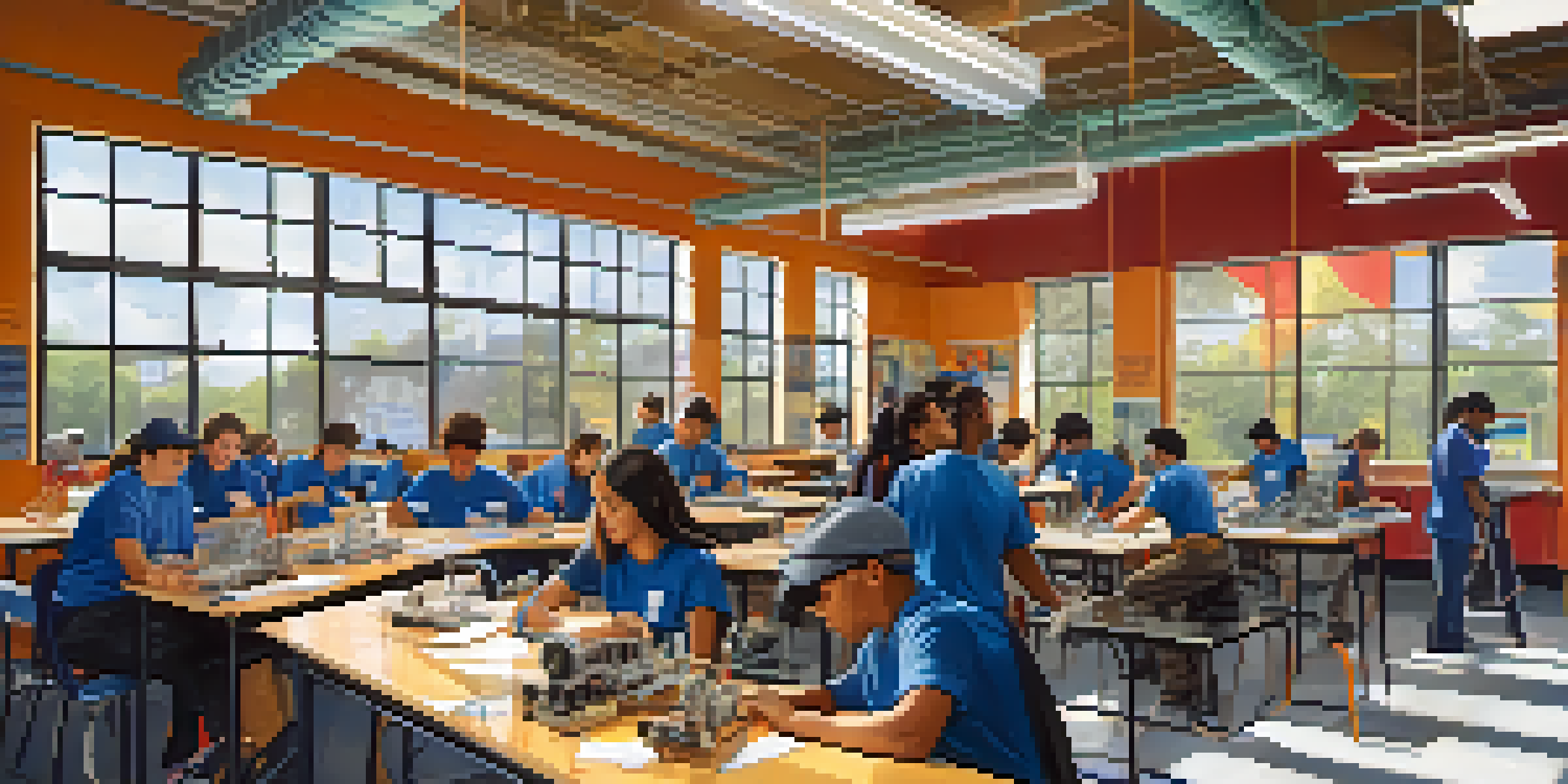 A diverse group of students collaborating on a mechanical engineering project in a brightly lit classroom, surrounded by colorful career posters.