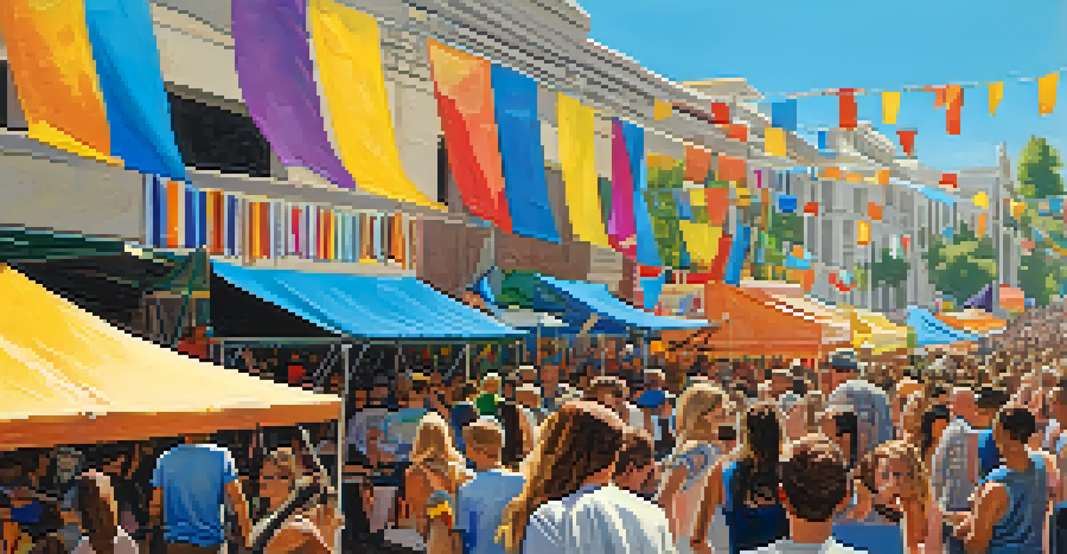 A lively street festival in Sacramento with local bands performing, food stalls, and a colorful atmosphere under a clear sky.