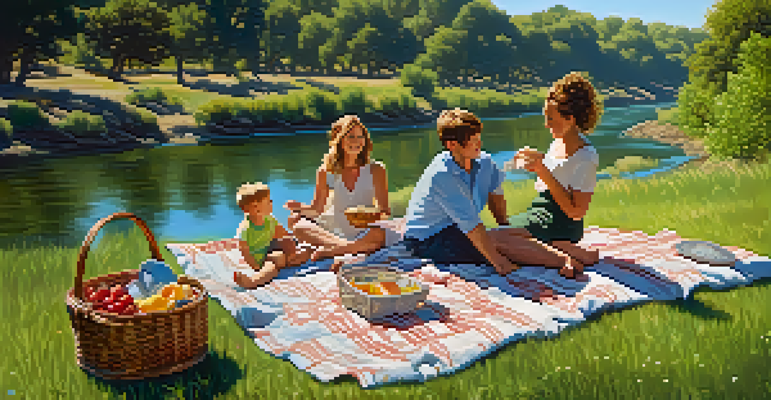 A family having a picnic by the American River with children playing nearby, surrounded by nature.