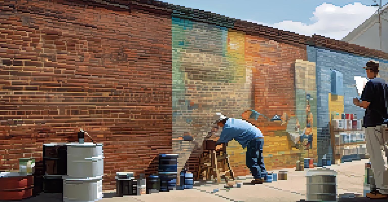 An artist painting a mural on a brick wall, with people watching and paint supplies nearby, depicting neighborhood history.