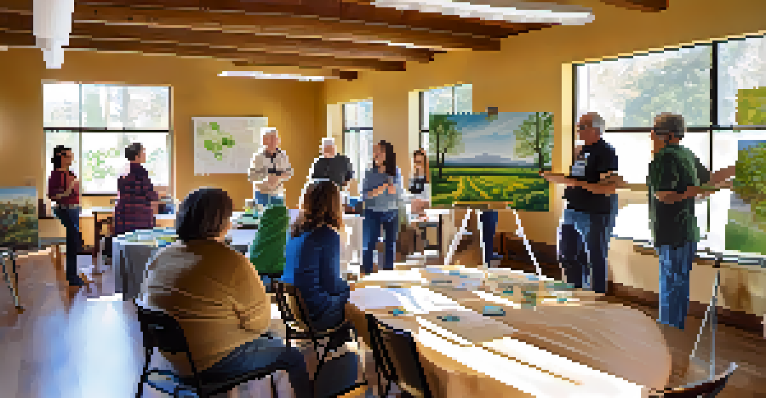 A community workshop in Sacramento with residents learning about sustainability, surrounded by educational materials and natural light.