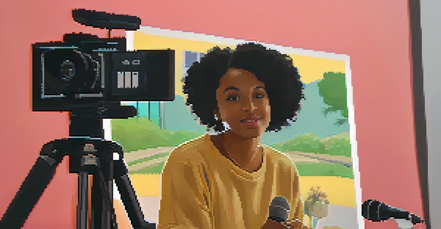 A young filmmaker of color presenting their film at a workshop, surrounded by an engaged audience in a cozy, warmly lit environment.