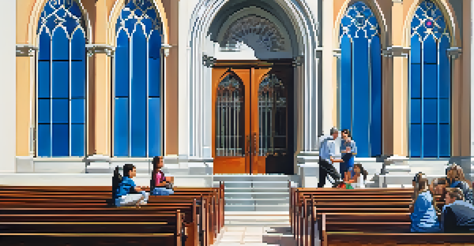 St. Rose of Lima Church with Spanish Colonial architecture and vibrant stained-glass windows, surrounded by families enjoying the community atmosphere.