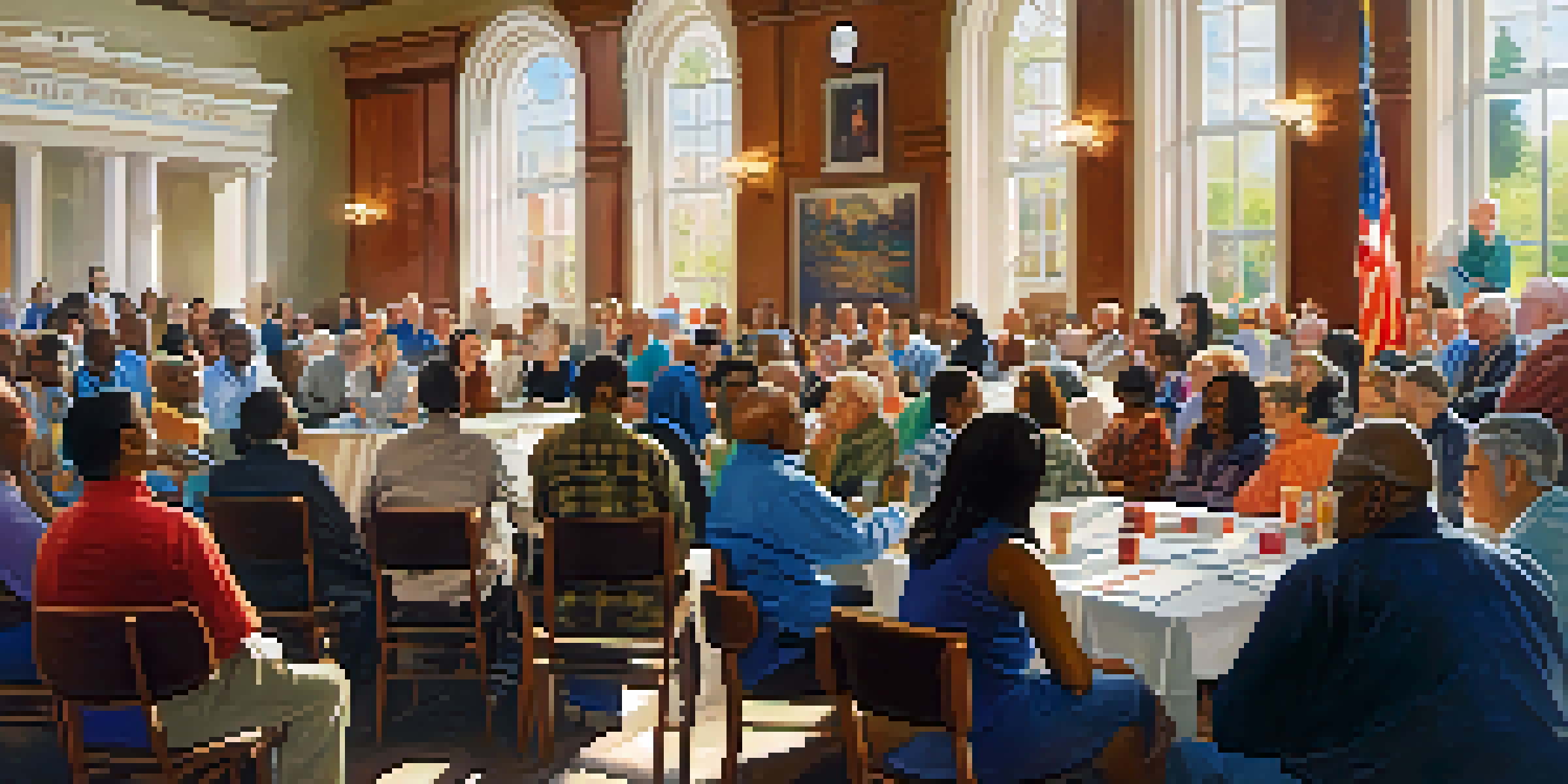 A diverse group of citizens participating in a town hall meeting, discussing local issues in a well-lit room with posters on the walls.