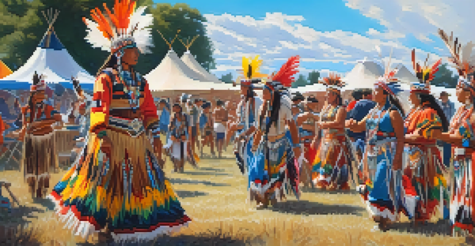A lively outdoor gathering at the Sacramento Powwow with Native American dancers in traditional attire surrounded by a crowd enjoying the festivities.