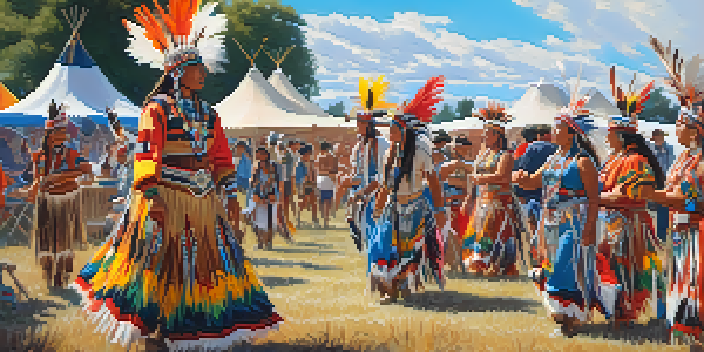 A lively outdoor gathering at the Sacramento Powwow with Native American dancers in traditional attire surrounded by a crowd enjoying the festivities.
