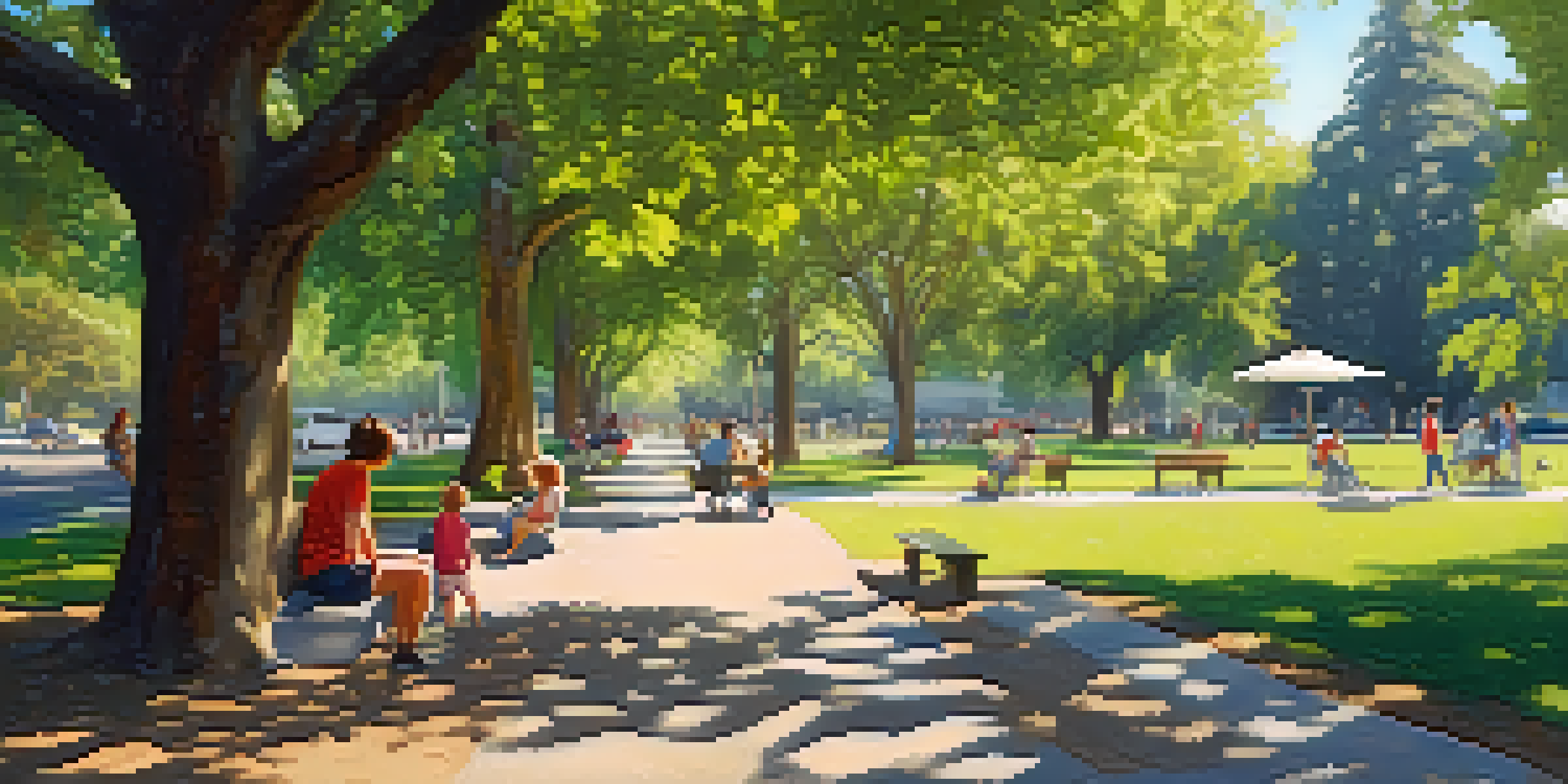 A vibrant urban park in Sacramento featuring a diverse range of trees, with sunlight filtering through the leaves and people enjoying the space.