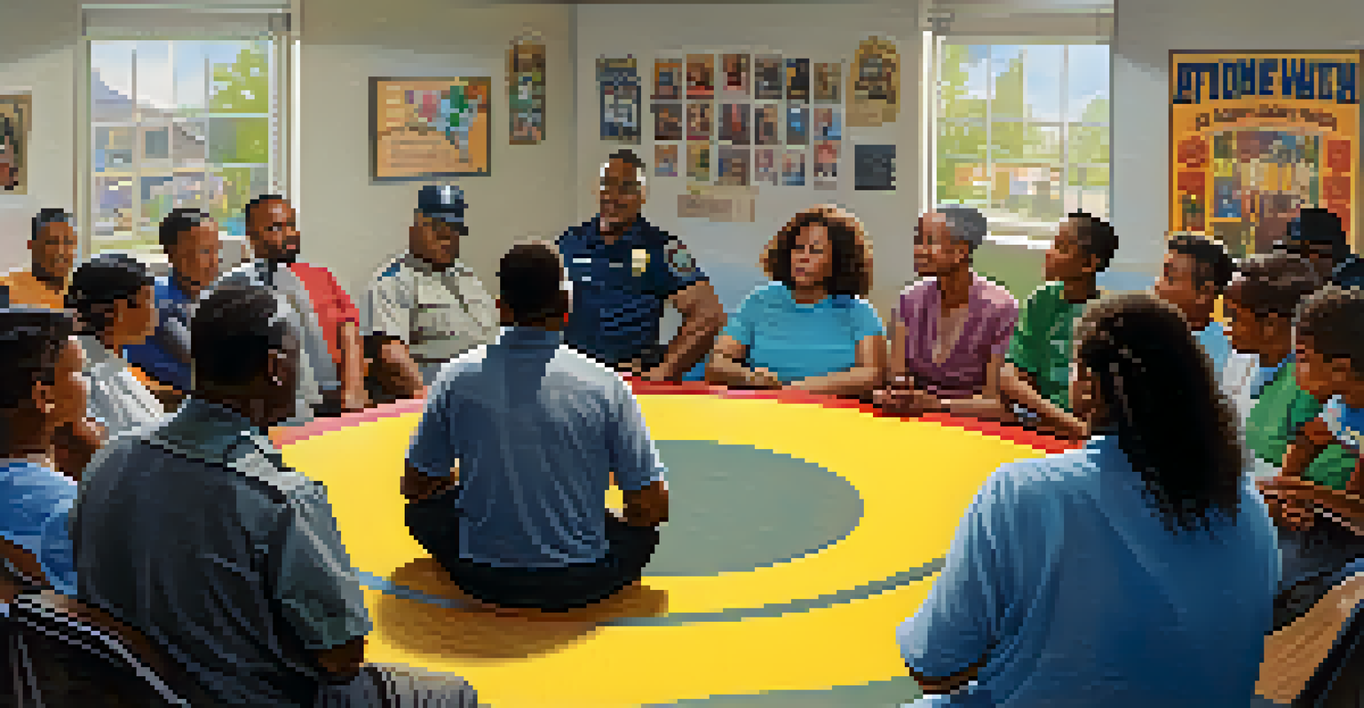 Residents attending a neighborhood watch meeting in a community center, listening to a police officer sharing safety tips.