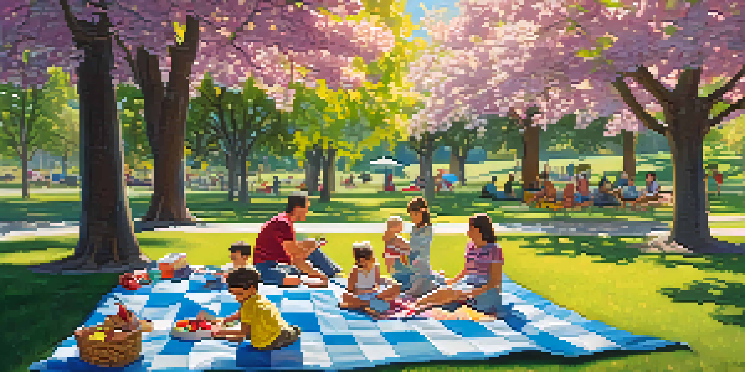 A family enjoying a picnic on a checkered blanket in a flower garden at William Land Park, with children playing nearby and a pond in the background.