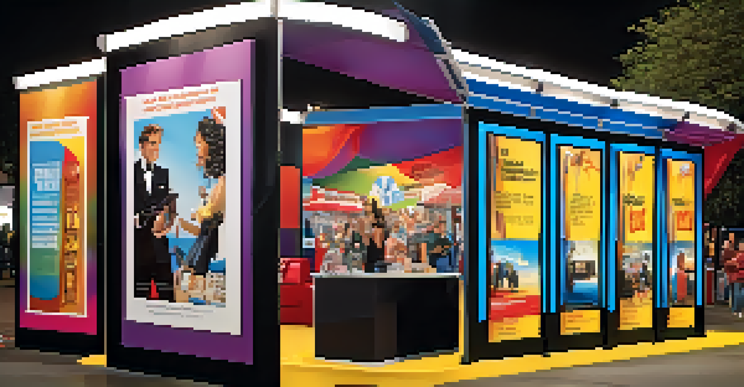A colorful marketing booth at a film festival with promotional materials, posters, and engaged staff interacting with visitors.