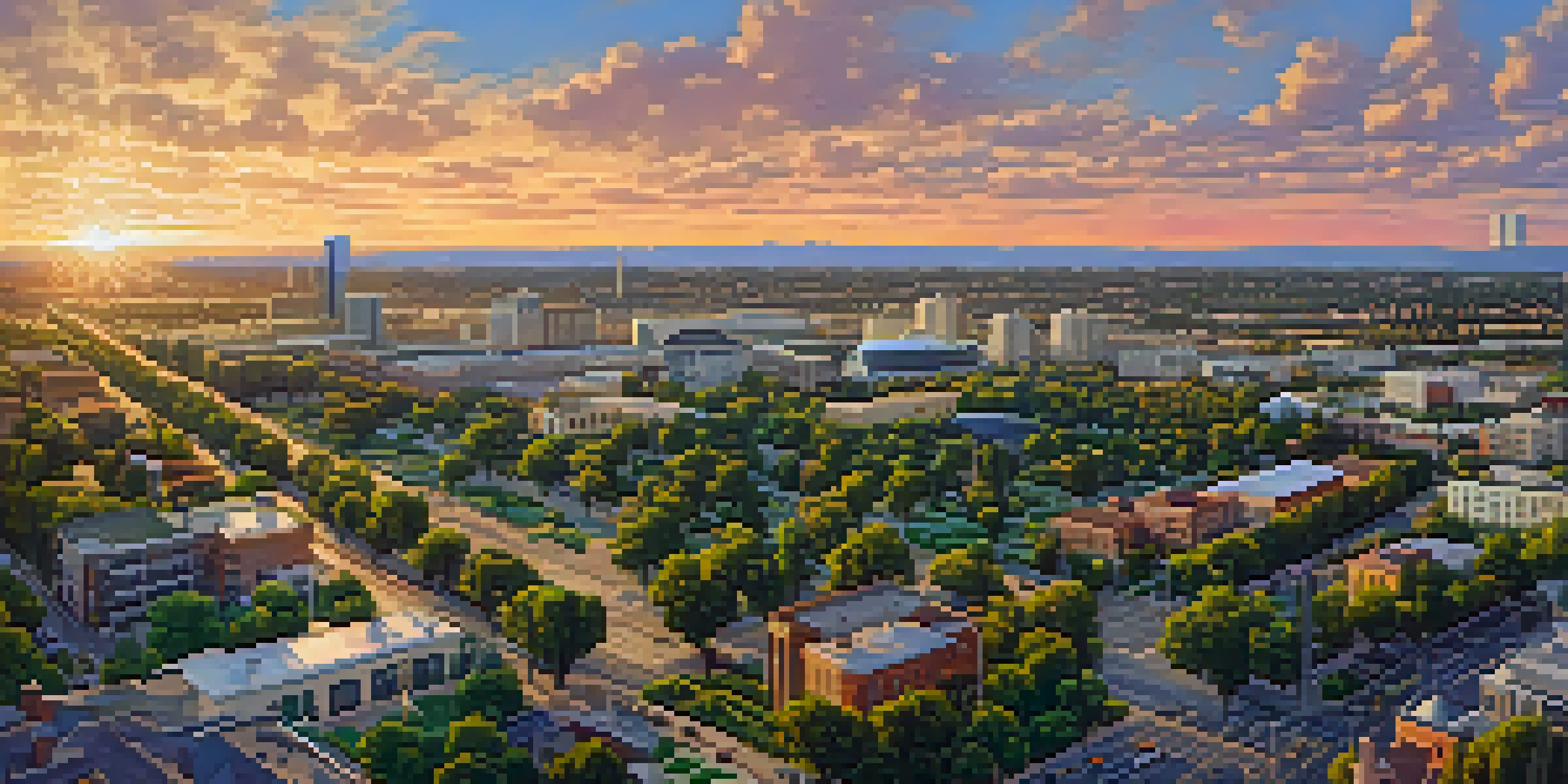 A panoramic view of Sacramento showing city buildings and suburban developments, with green spaces and a sunset glow.