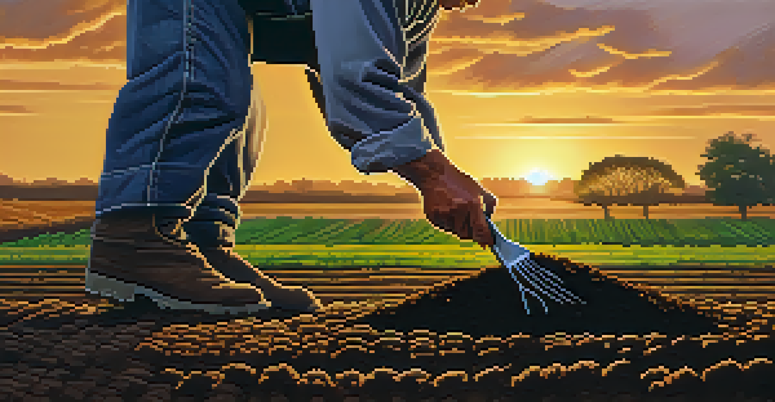 A close-up image of a farmer's hands planting seedlings in rich soil, with rows of crops visible under a sunset.