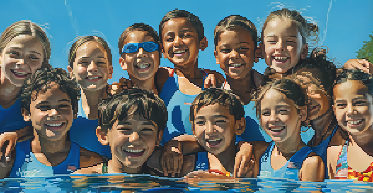 Children celebrating with medals after a swim meet, standing by a pool under a clear sky, showcasing friendship and joy.
