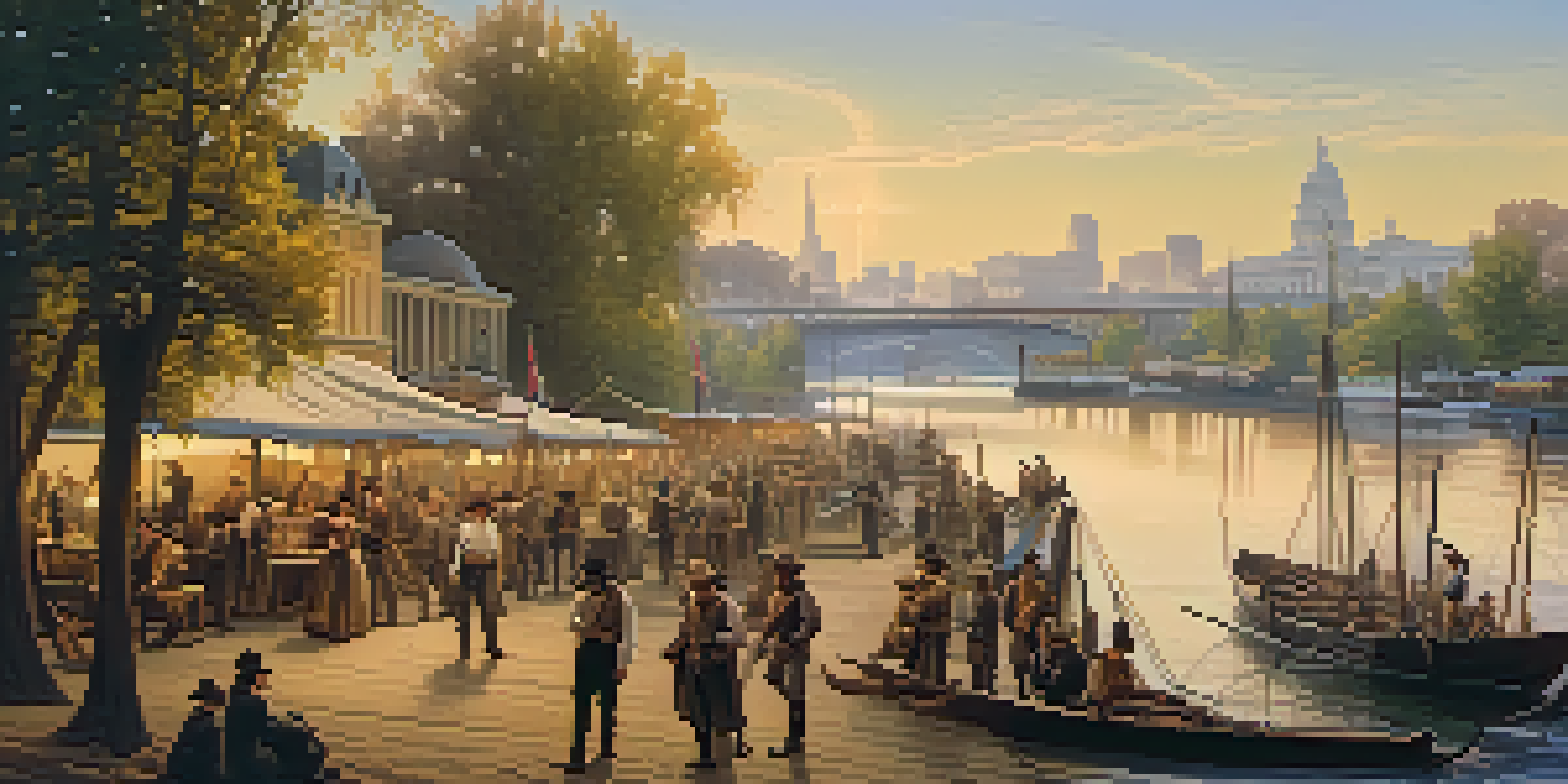 A lively riverfront scene from the Gold Rush era in Sacramento, showcasing fortune seekers and wooden boats under a golden sky.