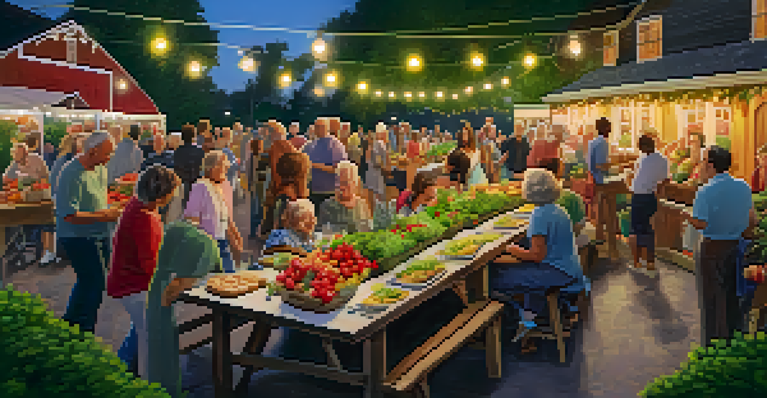 Residents celebrating at a harvest festival in a community garden, with tables of fresh produce and twinkling lights creating a festive atmosphere.