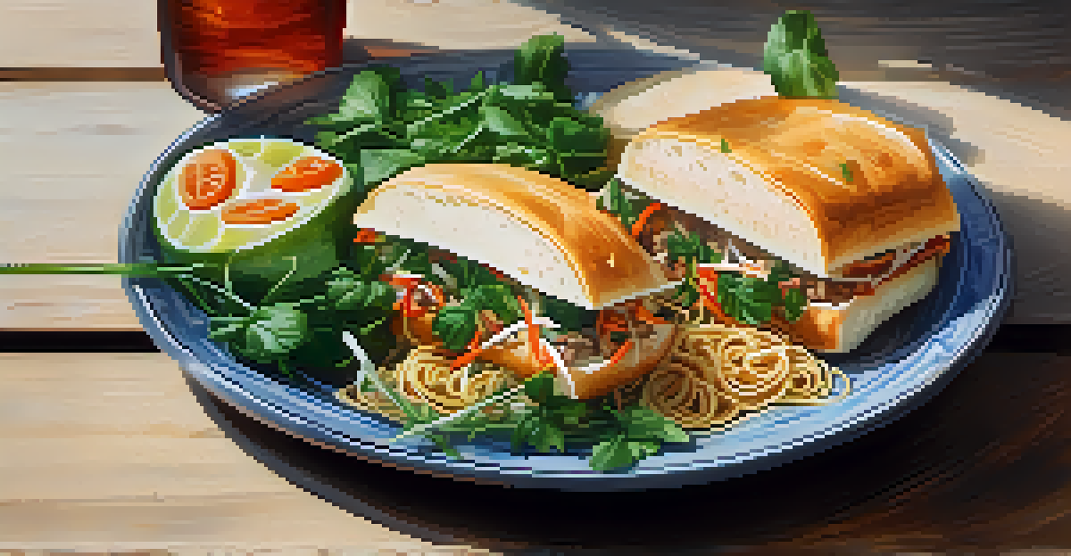 An artistic presentation of fusion cuisine combining Vietnamese and Italian elements, displayed on a rustic table.